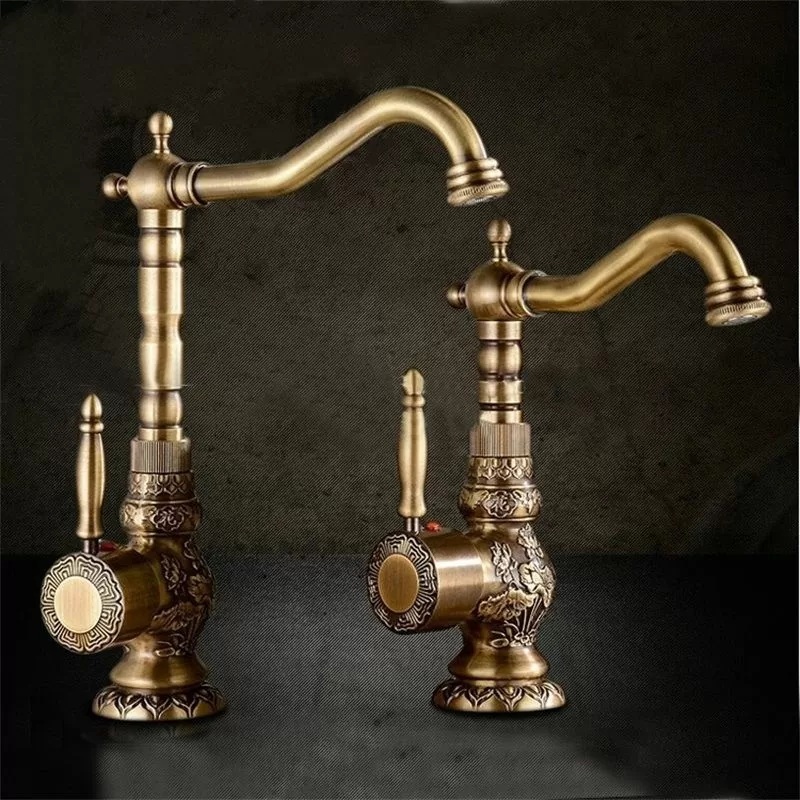 Alessandria Luxury Antique Brass Deck Mounted Bathroom Sink Faucet - Large Hero